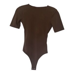 Express Brown Short Sleeve‎ Thong Bodysuit Cutout Back Snap Closure Women's XXS